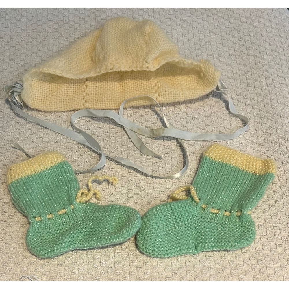 Vintage Handmade Knit Baby Bonnet and Booties Set Cream Mint Green‎ Yellow Retro